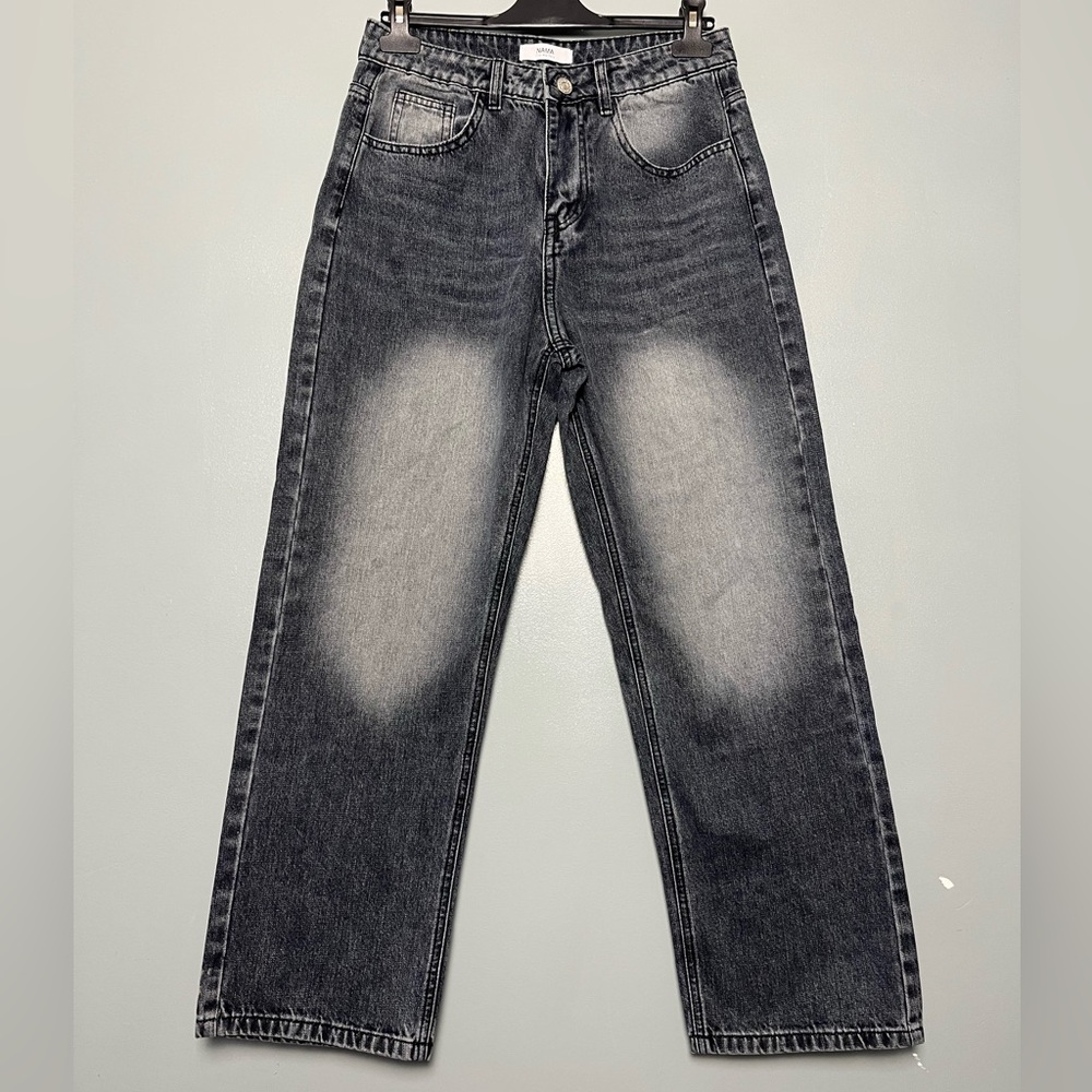 NAMA Wide Leg Faded Black Denim High Rise Distressed Relaxed Jeans Size L